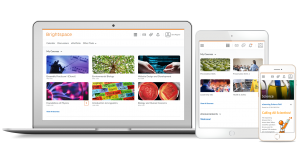 Examples of Brightspace’s new Daylight Experience user interface as seen on a laptop, a tablet, and a phone. The new course tiles help to visually organize the ‘courses’ page.